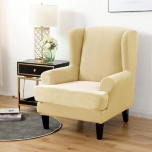 Beige Velvet Wingback Armchair Cover
