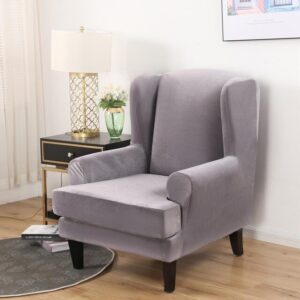Light Grey Velvet Wingback Armchair Cover